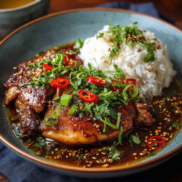 A bowl of caramelised soy chicken served over steamed rice, topped with scallions and surrounded by garlic ginger broth.