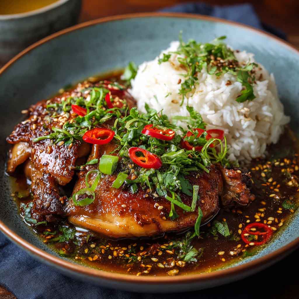 A bowl of caramelised soy chicken served over steamed rice, topped with scallions and surrounded by garlic ginger broth.