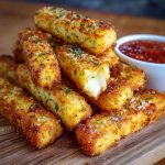 Golden-brown potato cheese sticks stacked on a plate, with melted cheese oozing from the center and crispy edges.