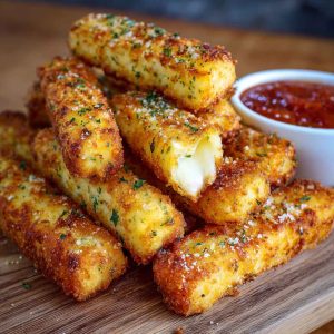 Golden-brown potato cheese sticks stacked on a plate, with melted cheese oozing from the center and crispy edges.