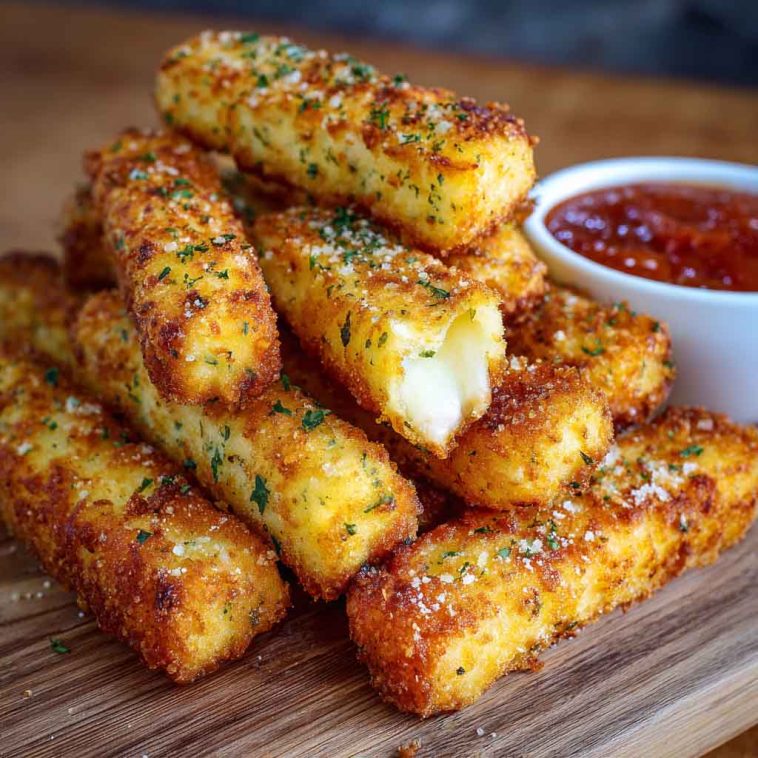 Golden-brown potato cheese sticks stacked on a plate, with melted cheese oozing from the center and crispy edges.