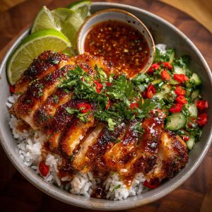 A colorful bowl filled with crispy hot honey glazed chicken, rice, roasted veggies, and fresh herbs, drizzled with extra sauce.