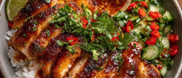 A colorful bowl filled with crispy hot honey glazed chicken, rice, roasted veggies, and fresh herbs, drizzled with extra sauce.