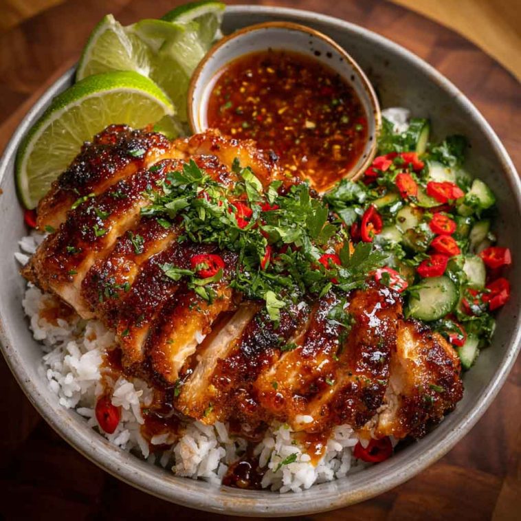 A colorful bowl filled with crispy hot honey glazed chicken, rice, roasted veggies, and fresh herbs, drizzled with extra sauce.