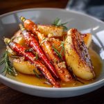 A rustic baking dish filled with roasted apple wedges and carrot slices glazed in maple syrup and Dijon mustard, garnished with fresh thyme.