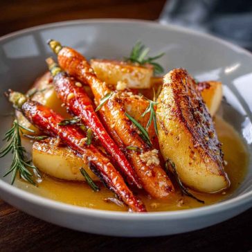A rustic baking dish filled with roasted apple wedges and carrot slices glazed in maple syrup and Dijon mustard, garnished with fresh thyme.