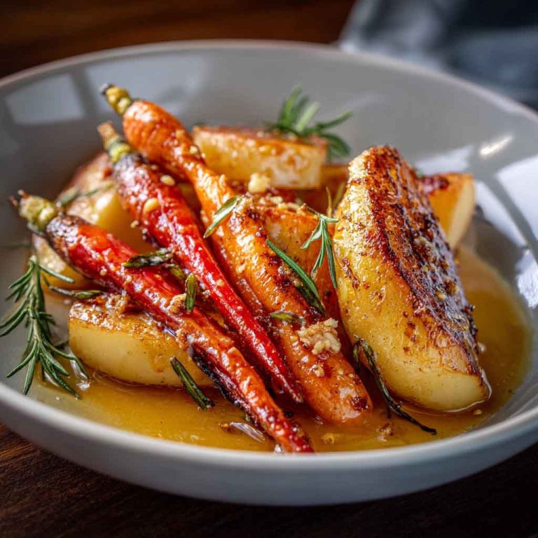 A rustic baking dish filled with roasted apple wedges and carrot slices glazed in maple syrup and Dijon mustard, garnished with fresh thyme.