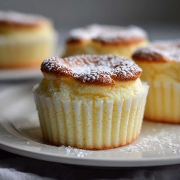 Mini Japanese cotton cheesecake cupcakes with golden tops, dusted with powdered sugar and served in white cupcake liners.