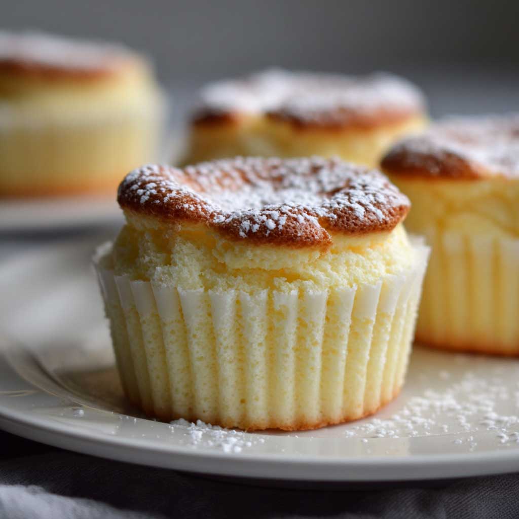 Mini Japanese cotton cheesecake cupcakes with golden tops, dusted with powdered sugar and served in white cupcake liners.