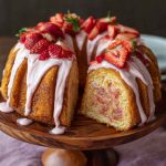 A slice of strawberry honeybun cake with swirls of cinnamon sugar, topped with creamy strawberry icing and fresh strawberry slices.