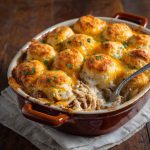 Golden biscuit-topped chicken casserole bubbling with creamy sauce, melted cheese, and herbs in a baking dish.