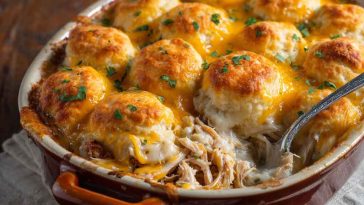 Golden biscuit-topped chicken casserole bubbling with creamy sauce, melted cheese, and herbs in a baking dish.