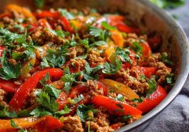 Ground turkey sautéed with red, yellow, and green bell peppers in a skillet, garnished with herbs.
