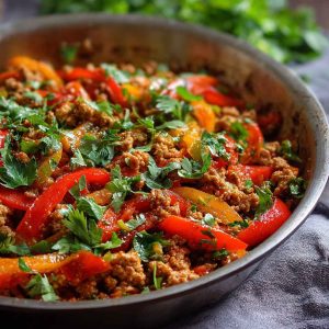Ground turkey sautéed with red, yellow, and green bell peppers in a skillet, garnished with herbs.
