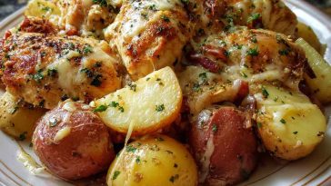 Tender crockpot chicken breasts and baby potatoes coated in garlic parmesan sauce, garnished with parsley and served in a rustic dish.