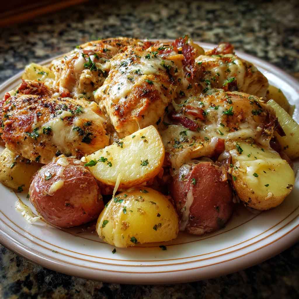 Tender crockpot chicken breasts and baby potatoes coated in garlic parmesan sauce, garnished with parsley and served in a rustic dish.