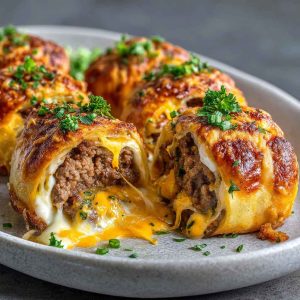 Golden garlic butter cheeseburger rollups sliced open to reveal melted cheese and seasoned beef, served with dipping sauces.