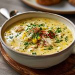 A creamy bowl of crab and corn chowder garnished with fresh herbs, featuring chunks of sweet corn, tender crab meat, and smoky bacon in a rich broth.