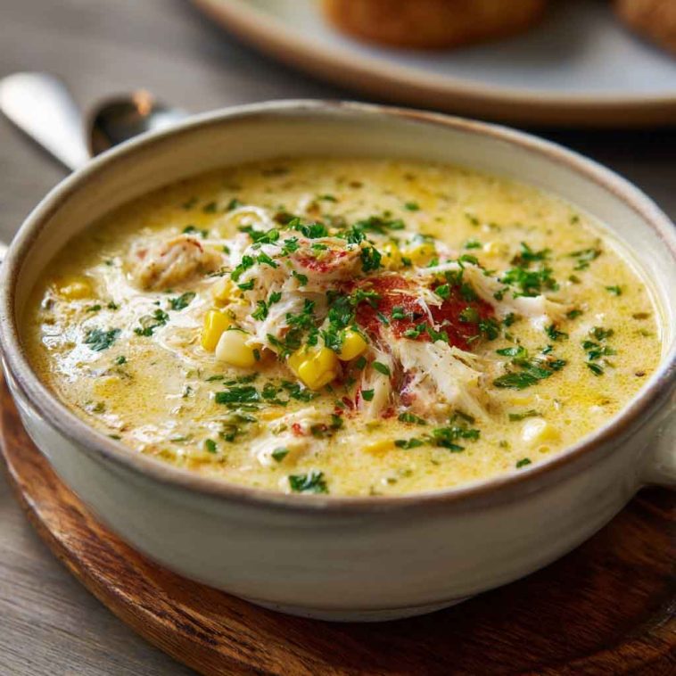 A creamy bowl of crab and corn chowder garnished with fresh herbs, featuring chunks of sweet corn, tender crab meat, and smoky bacon in a rich broth.