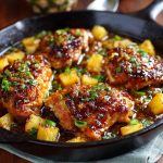 A skillet of golden brown sugar pineapple chicken glazed in a sticky sauce, garnished with pineapple chunks and green onions, served over steamed rice.