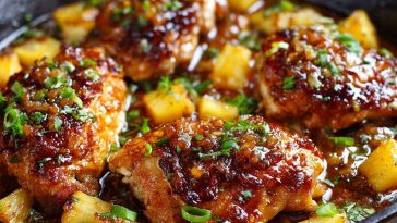 A skillet of golden brown sugar pineapple chicken glazed in a sticky sauce, garnished with pineapple chunks and green onions, served over steamed rice.