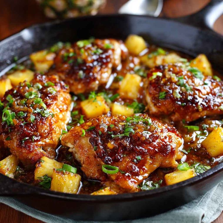 A skillet of golden brown sugar pineapple chicken glazed in a sticky sauce, garnished with pineapple chunks and green onions, served over steamed rice.