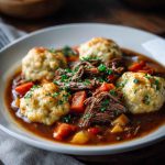 A rustic bowl of beef stew with tender chunks of beef, carrots, and peas, topped with fluffy golden dumplings and garnished with fresh thyme.