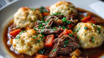 A rustic bowl of beef stew with tender chunks of beef, carrots, and peas, topped with fluffy golden dumplings and garnished with fresh thyme.