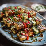 Grilled Middle Eastern tofu kebabs skewered with marinated tofu cubes, bell peppers, red onion, and zucchini, garnished with fresh parsley and served with hummus.