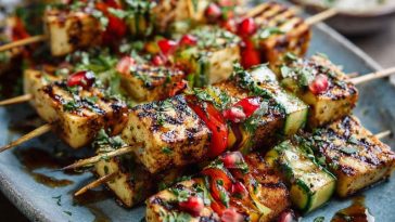 Grilled Middle Eastern tofu kebabs skewered with marinated tofu cubes, bell peppers, red onion, and zucchini, garnished with fresh parsley and served with hummus.