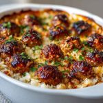 Baked honey garlic meatballs over rice in a casserole dish, garnished with green onions.