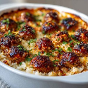Baked honey garlic meatballs over rice in a casserole dish, garnished with green onions.