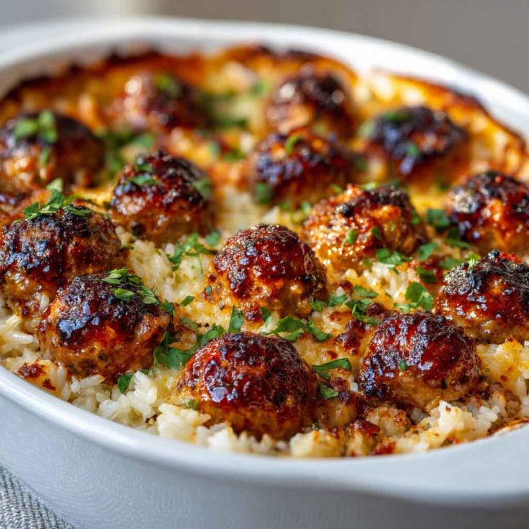 Baked honey garlic meatballs over rice in a casserole dish, garnished with green onions.