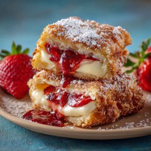 Golden-fried strawberry cheesecake sandwiches dusted with powdered sugar, oozing with creamy filling and fresh strawberries, served with a side of whipped cream.