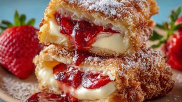 Golden-fried strawberry cheesecake sandwiches dusted with powdered sugar, oozing with creamy filling and fresh strawberries, served with a side of whipped cream.