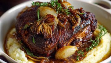 Tender apple cider braised pork shoulder served with roasted vegetables and fresh herbs in a rustic dish.