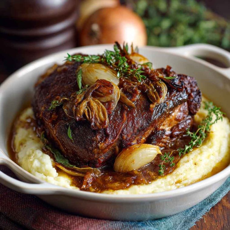 Tender apple cider braised pork shoulder served with roasted vegetables and fresh herbs in a rustic dish.