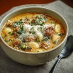 A bowl of creamy Parmesan Italian sausage soup filled with crumbled sausage, spinach, and pasta, topped with grated cheese and fresh herbs.