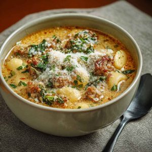 A bowl of creamy Parmesan Italian sausage soup filled with crumbled sausage, spinach, and pasta, topped with grated cheese and fresh herbs.
