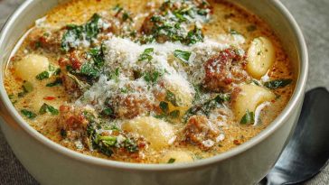 A bowl of creamy Parmesan Italian sausage soup filled with crumbled sausage, spinach, and pasta, topped with grated cheese and fresh herbs.