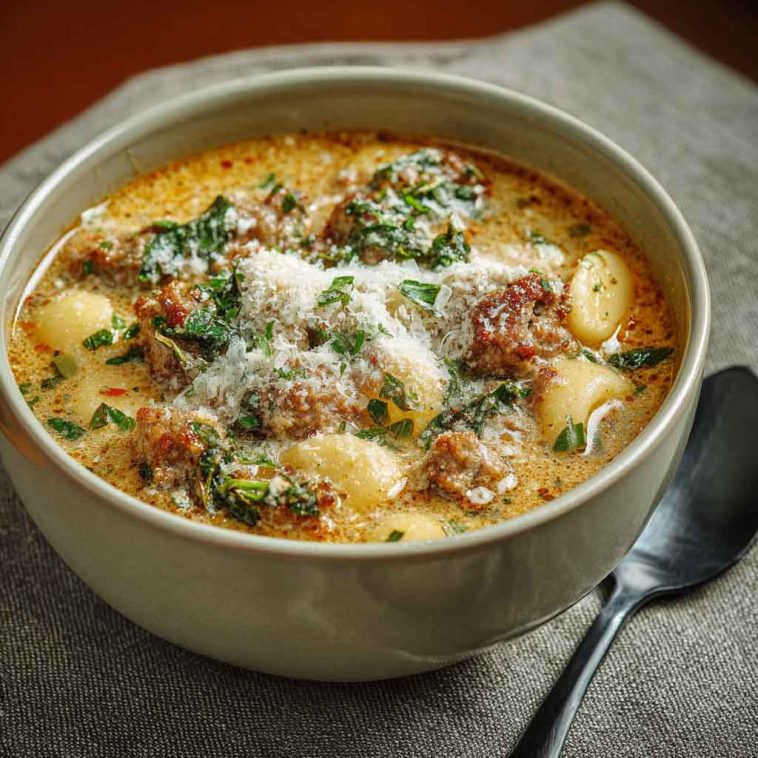 A bowl of creamy Parmesan Italian sausage soup filled with crumbled sausage, spinach, and pasta, topped with grated cheese and fresh herbs.