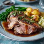 A whole leg of lamb slow-roasted with rosemary, garlic, and herbs, sliced and served with rich gravy and roasted vegetables on a festive platter.