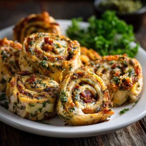 Sliced crack chicken pinwheels with visible layers of chicken, bacon, cheese, and herbs on a platter.
