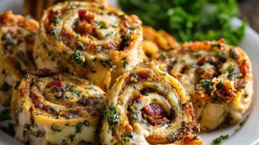 Sliced crack chicken pinwheels with visible layers of chicken, bacon, cheese, and herbs on a platter.