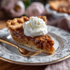 A golden-brown apple butter pie with a smooth, spiced filling in a flaky crust, topped with whipped cream and a sprinkle of cinnamon.