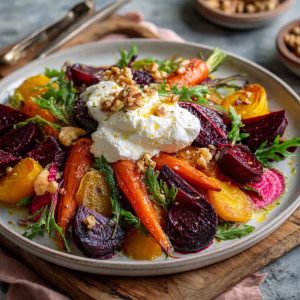 A vibrant salad of roasted beets and carrots topped with creamy burrata, fresh herbs, and a drizzle of balsamic glaze.
