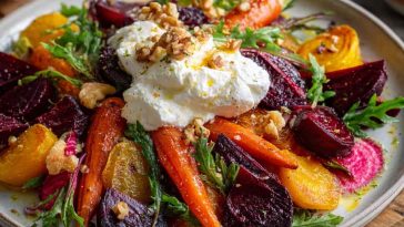 A vibrant salad of roasted beets and carrots topped with creamy burrata, fresh herbs, and a drizzle of balsamic glaze.