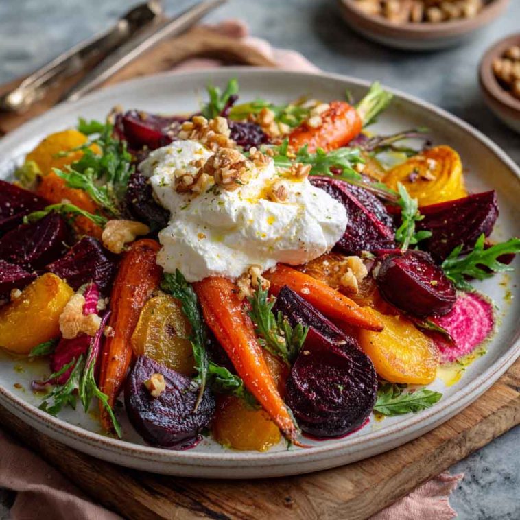 A vibrant salad of roasted beets and carrots topped with creamy burrata, fresh herbs, and a drizzle of balsamic glaze.