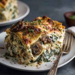 A golden-baked slice of creamy spinach and mushroom lasagna with layers of pasta, béchamel sauce, sautéed mushrooms, and melted cheese.
