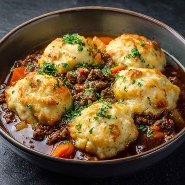 Ground beef and dumplings in a skillet with golden dumplings nestled in rich gravy and herbs.